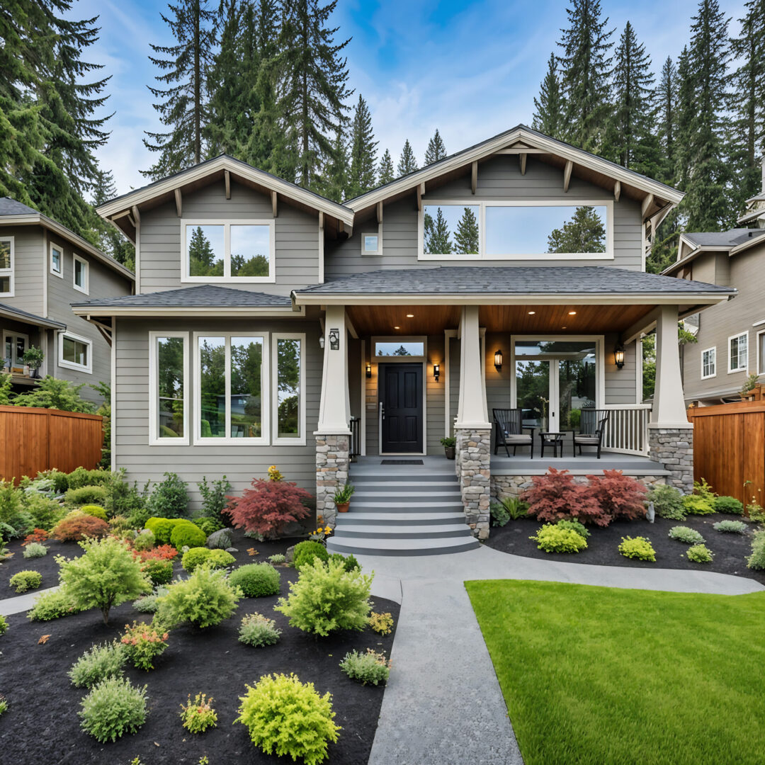 A large house with many flowers in the yard.