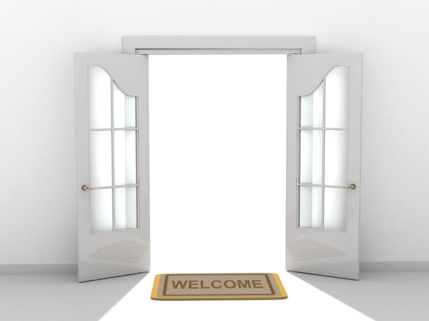 A door with two glass windows and a welcome mat.