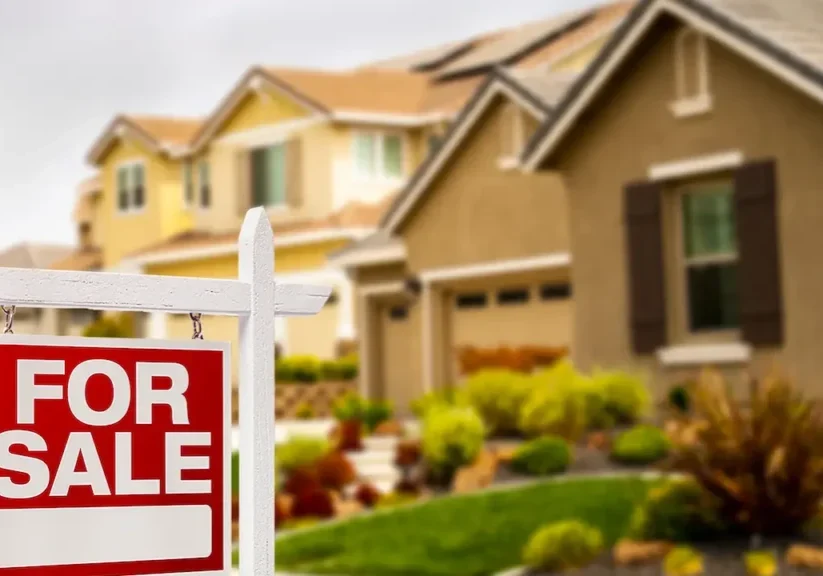 A red sign sitting in front of some houses